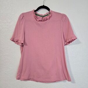 Boden 12 Pink Ruffle Mock Neck Puff Sleeve Top Short Sleeve Blouse